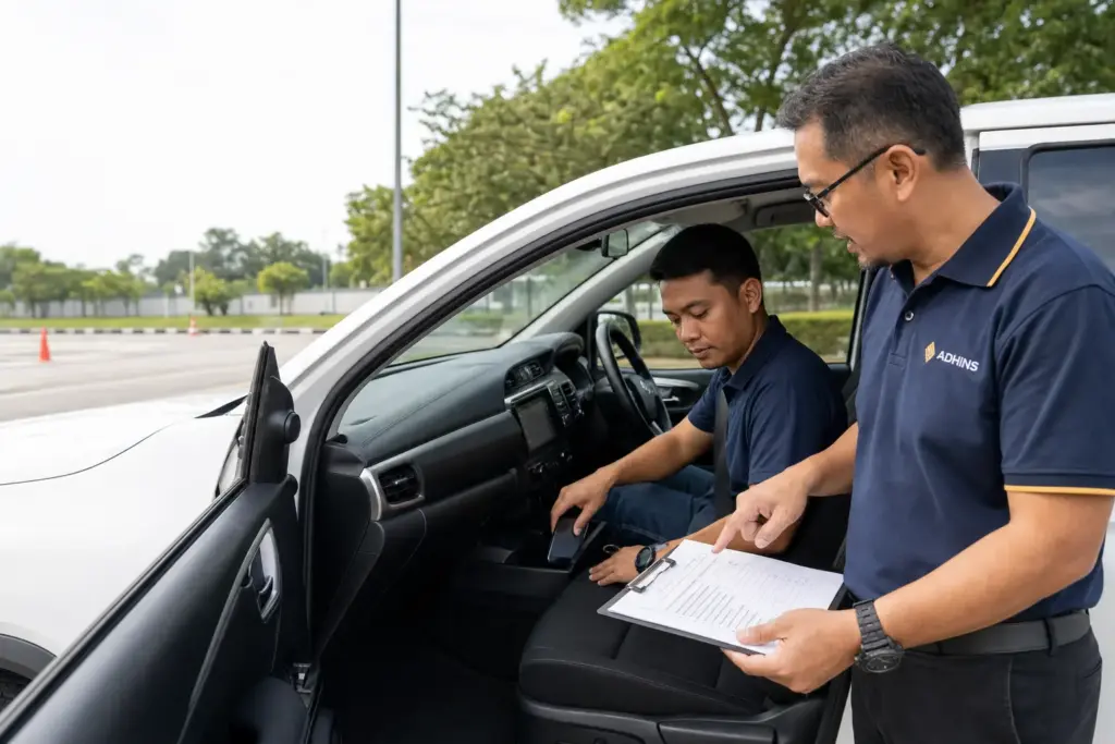 ADHINS trainer coaching a fleet driver to secure a phone before driving