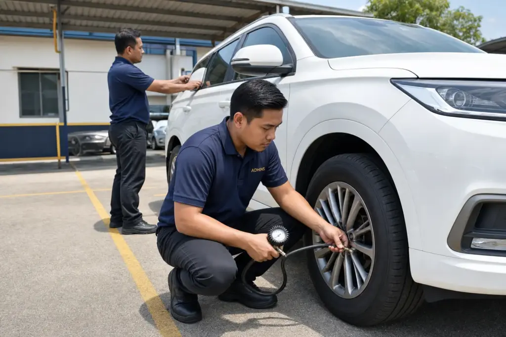 Road transport safety checklist briefing with ADHINS fleet team at a Malaysian depot