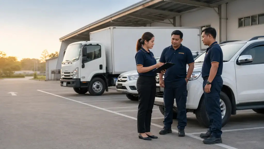 Road transport safety checklist briefing with ADHINS fleet team at a Malaysian depot