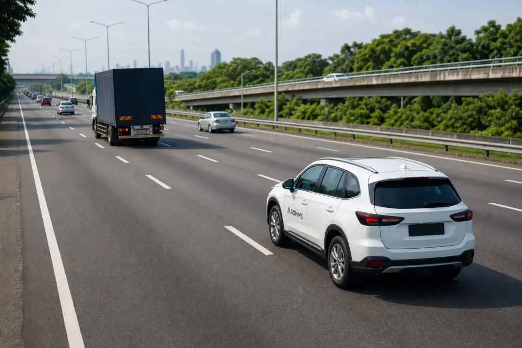 ADHINS fleet SUV keeping a safe following distance behind traffic on a Malaysian highway