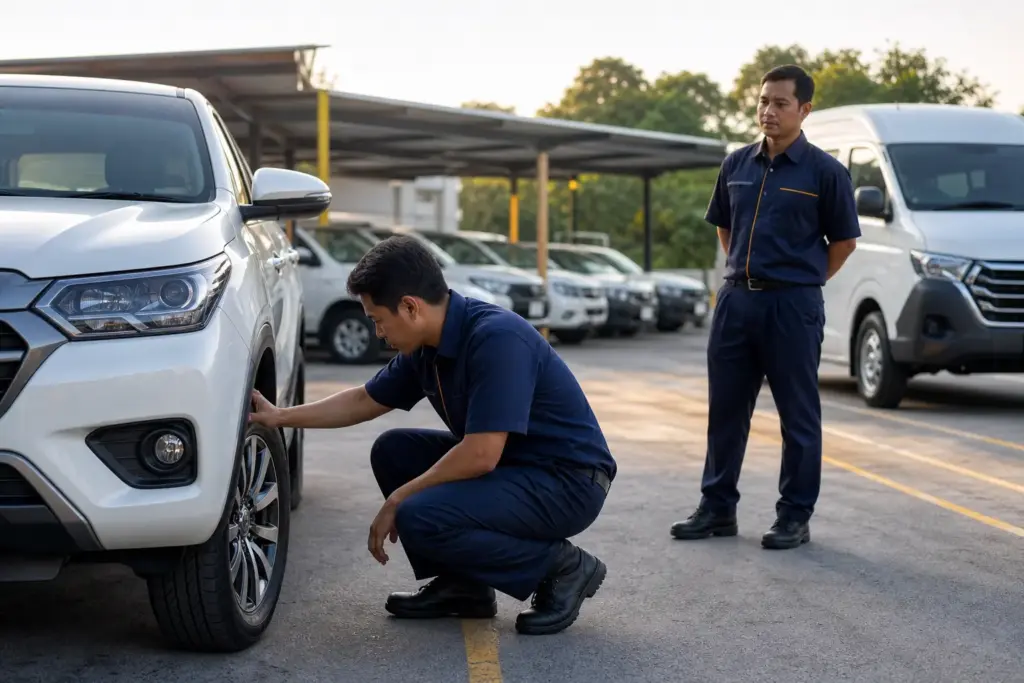 Fleet driver applying regular driver training during a pre-departure vehicle check in Malaysia