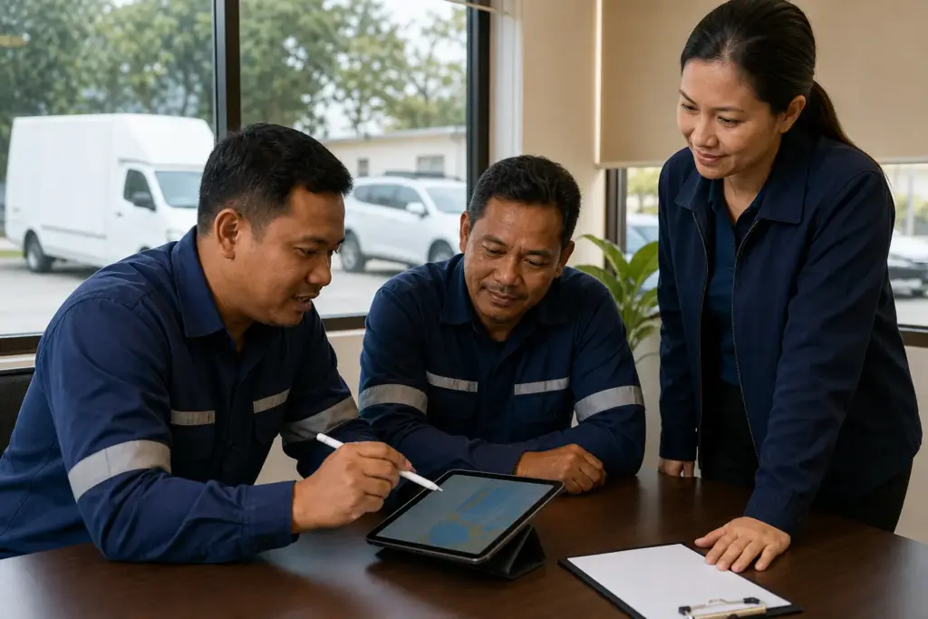 Fleet supervisor and drivers reviewing regular driver training follow-up information in Malaysia