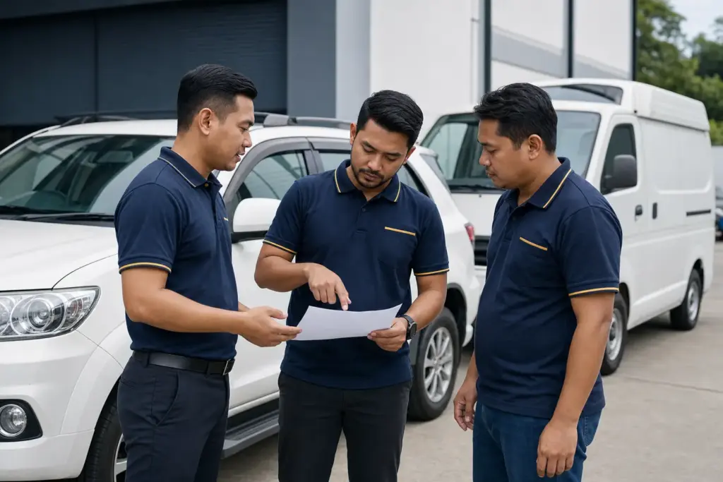 ADHINS fleet drivers discussing safe following distance before a work journey in Malaysia