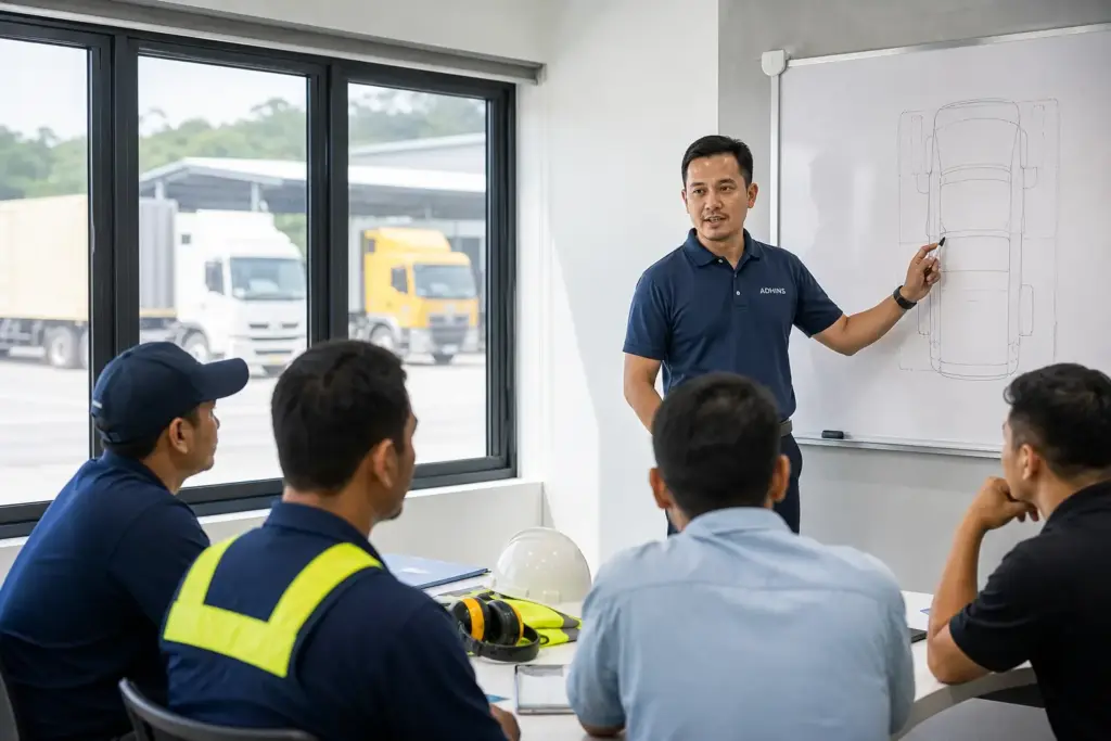 ADHINS facilitator leading a road transport training briefing for Malaysian fleet drivers