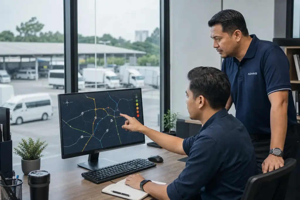ADHINS adviser and fleet coordinator reviewing transport operations data in Malaysia