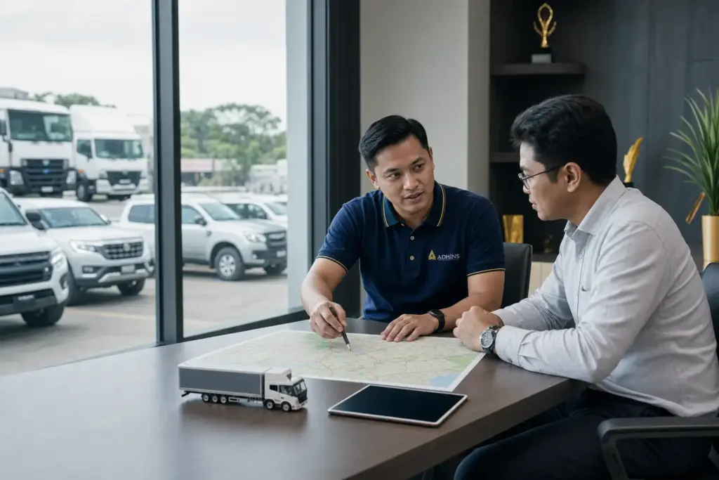 ADHINS consultant discussing fleet route planning with a Malaysian operations manager