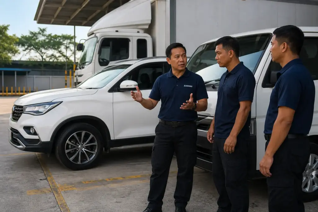 ADHINS supervisor conducting a fleet safety policy pre-departure briefing with Malaysian drivers