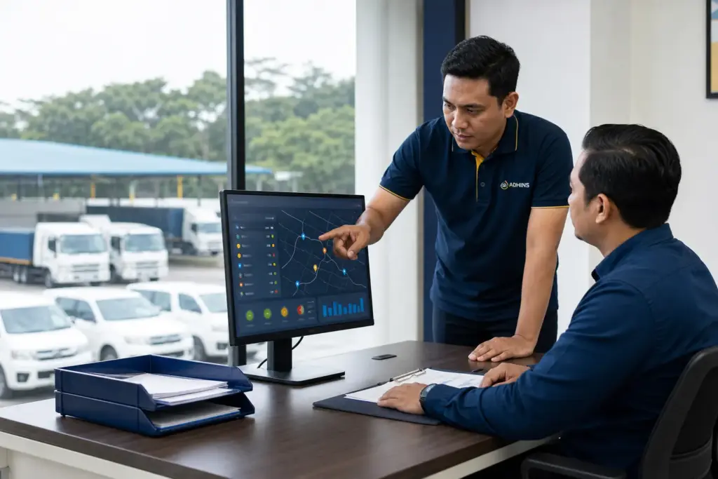 ADHINS adviser and Malaysian fleet coordinator reviewing road transport safety policy follow-up information