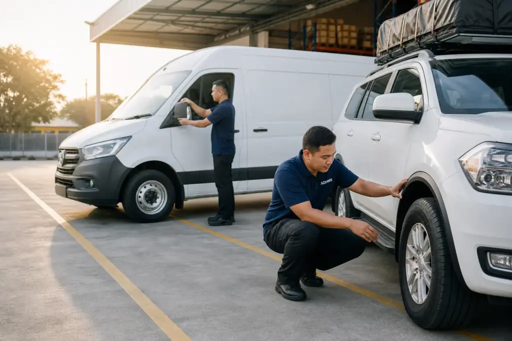 ADHINS fleet team completing a vehicle readiness check before a work journey in Malaysia