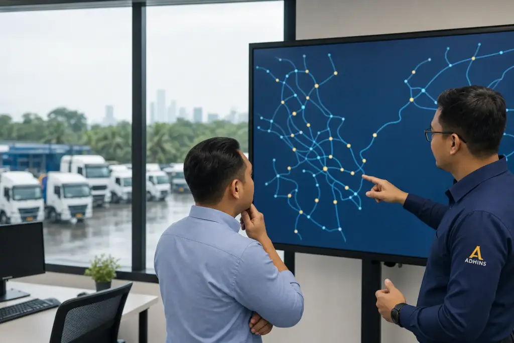 ADHINS consultant and fleet coordinator reviewing abstract IVMS fleet data in Malaysia