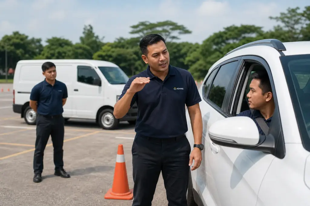 ADHINS trainer coaching a fleet driver on mirror and blind spot awareness in Malaysia