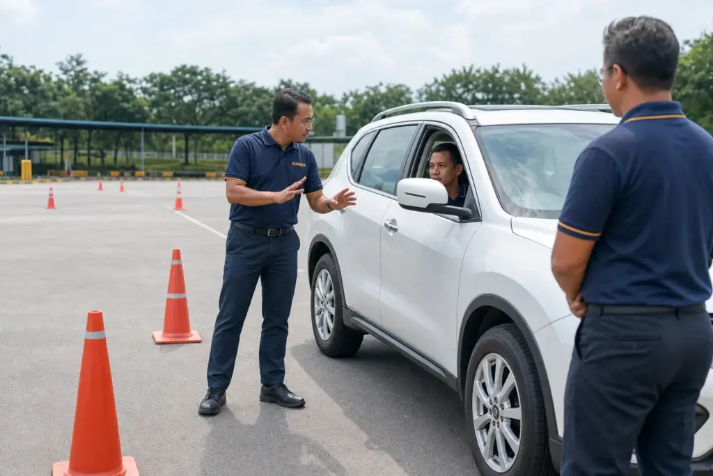 ADHINS trainer delivering practical road transport training for drivers in a Malaysian fleet SUV