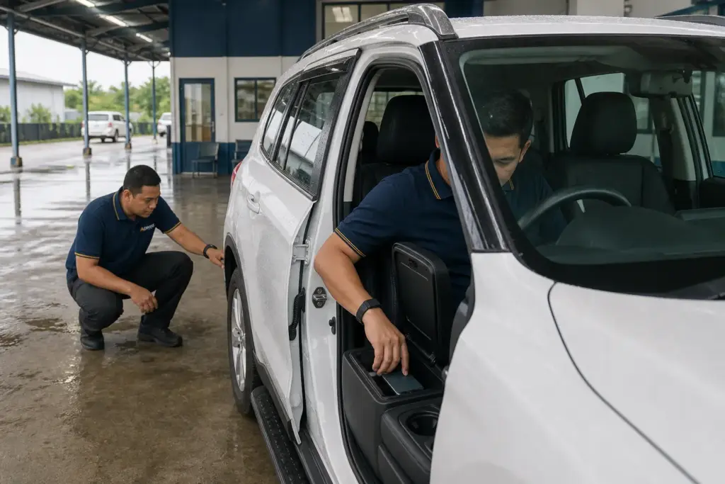 Fleet driver securing a phone and preparing for wet-weather driving before departure