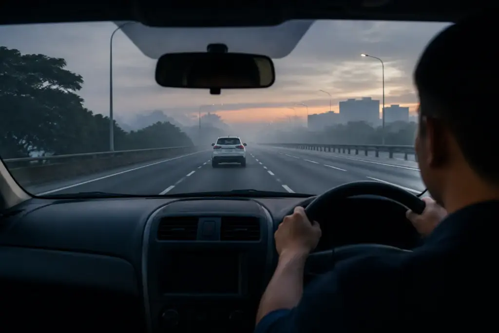 Fleet driver maintaining a safe following distance in reduced visibility on a Malaysian road