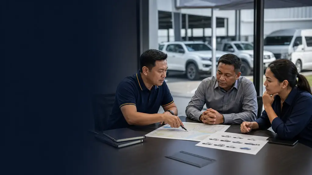 Road transport safety consultation with an ADHINS adviser and Malaysian fleet operations leaders