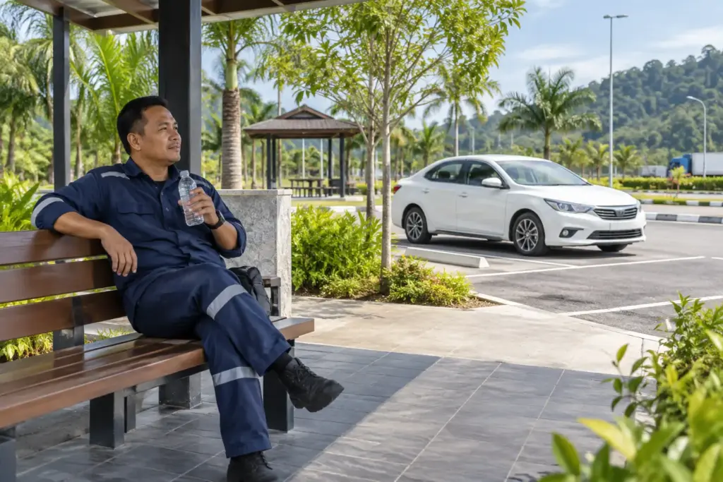 Company driver taking a planned break at a designated rest area in Malaysia