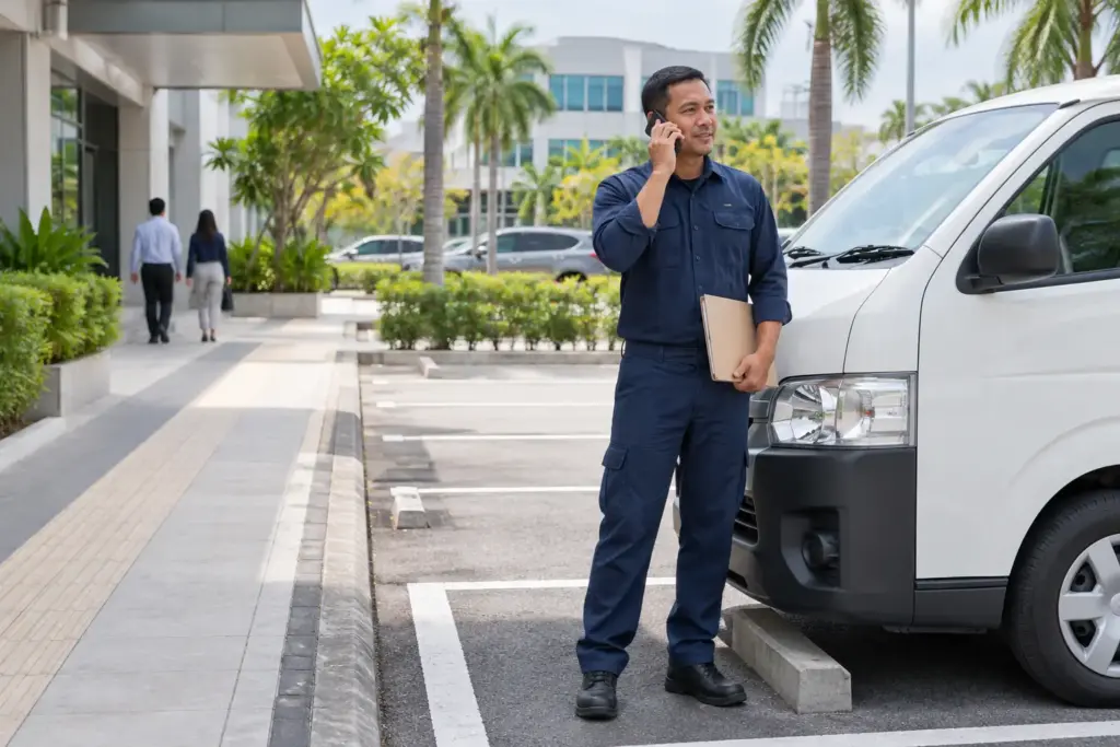 Company driver making an arrival check-in beside a safely parked van