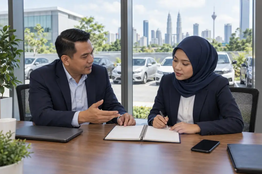 Manager and corporate driver reviewing a business journey plan in an office