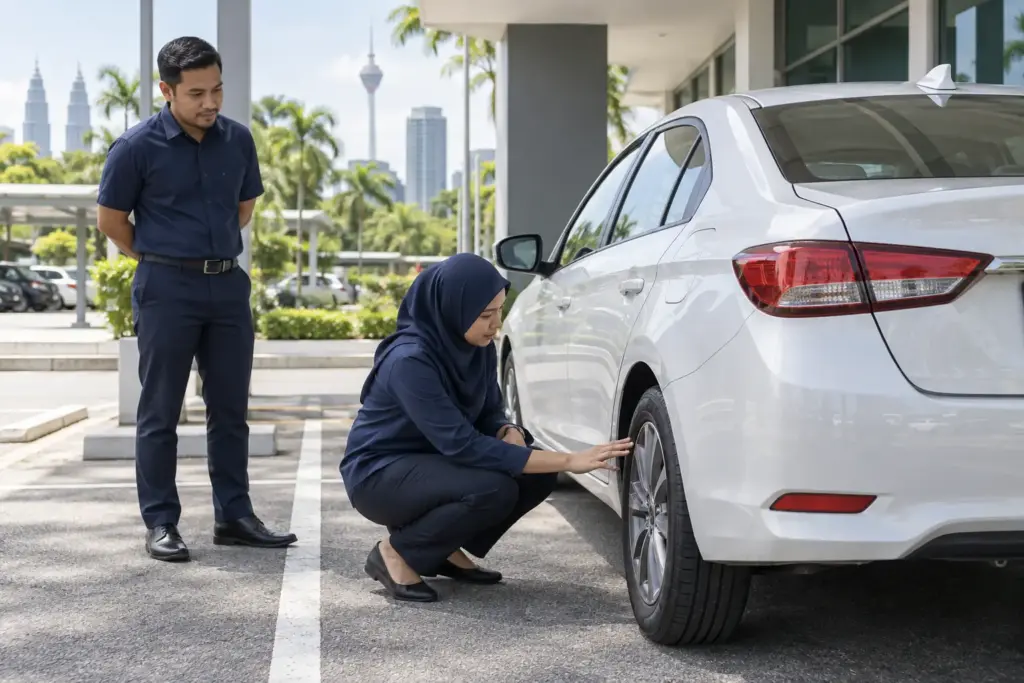 Corporate employee checking a parked company car tyre with a trainer nearby
