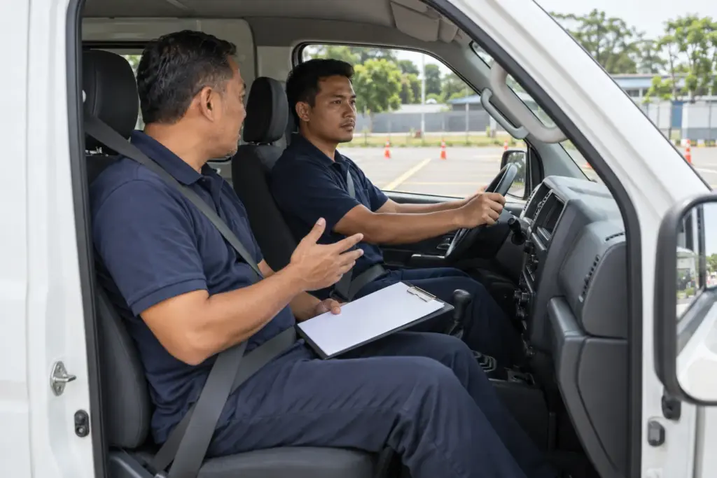 Driver and instructor discussing practical driving observations in a parked fleet van