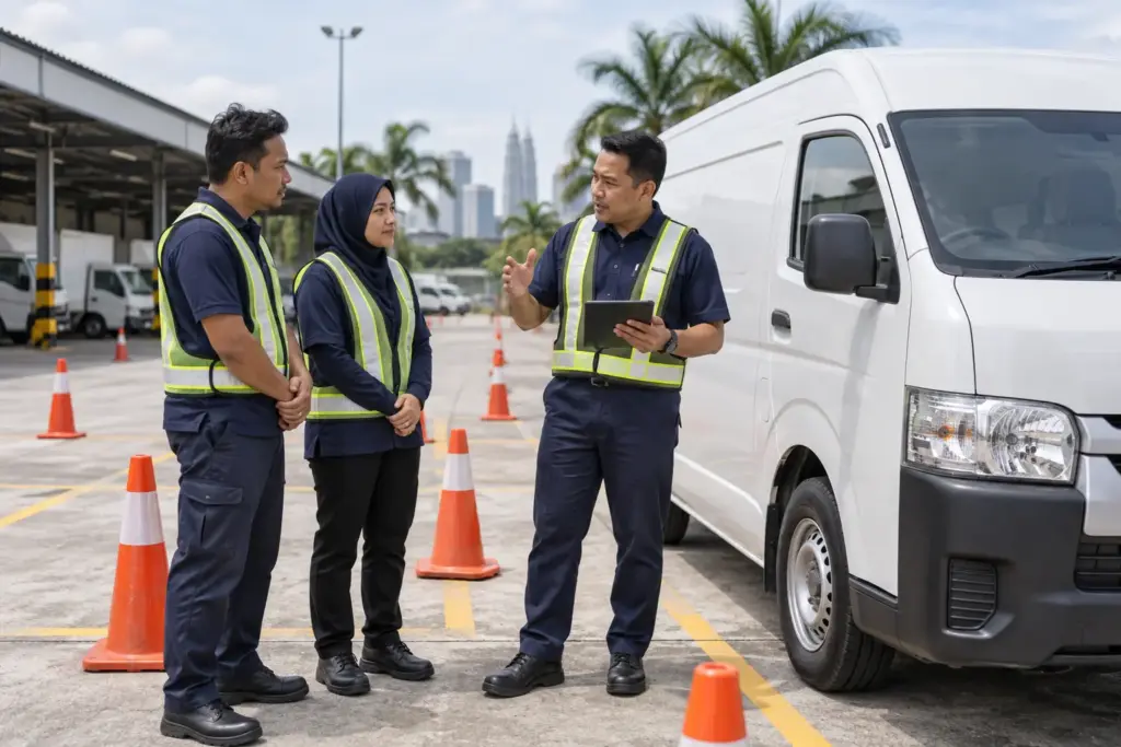 Instructor briefing Malaysian fleet drivers beside a parked training van