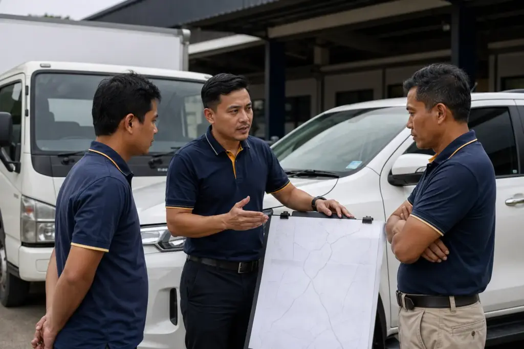ADHINS trainer briefing Malaysian fleet drivers on how to identify road hazards early