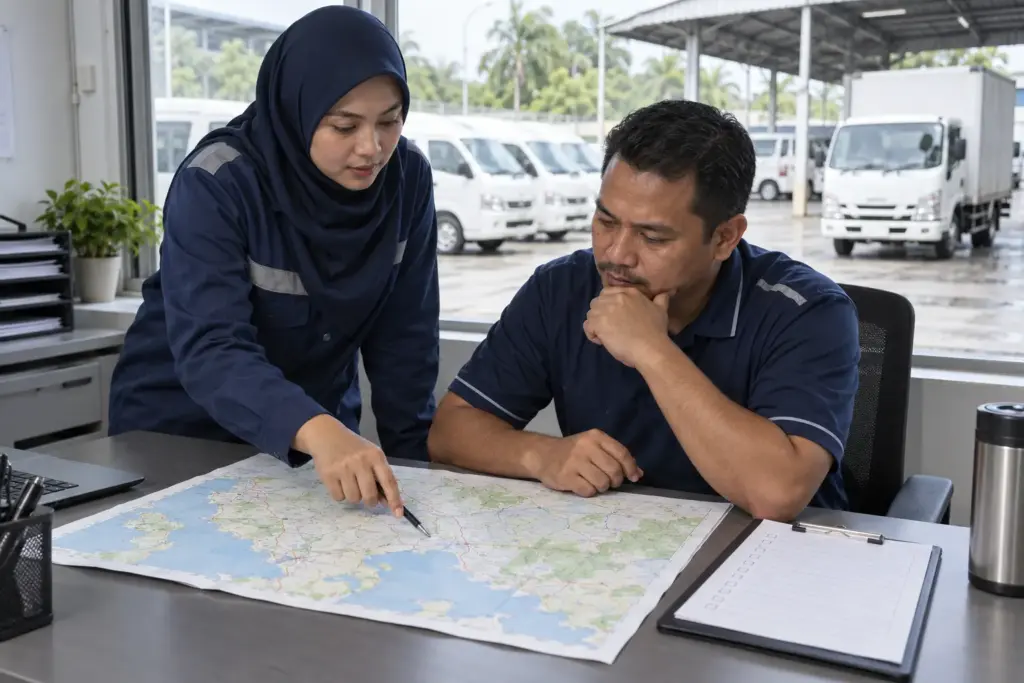 Supervisor and fleet driver reviewing a journey plan during training