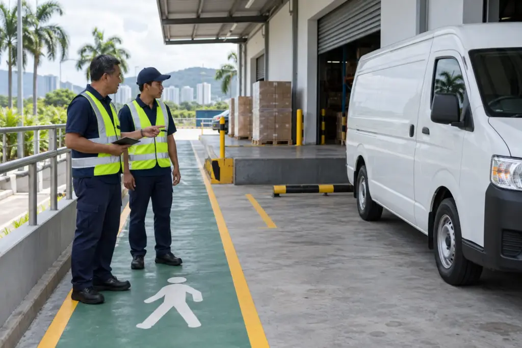 Fleet staff reviewing vehicle and pedestrian separation at a Malaysian depot