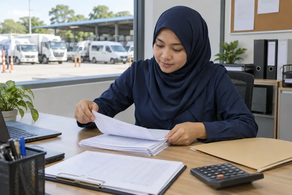 HR coordinator organising fleet training records at a Malaysian depot office