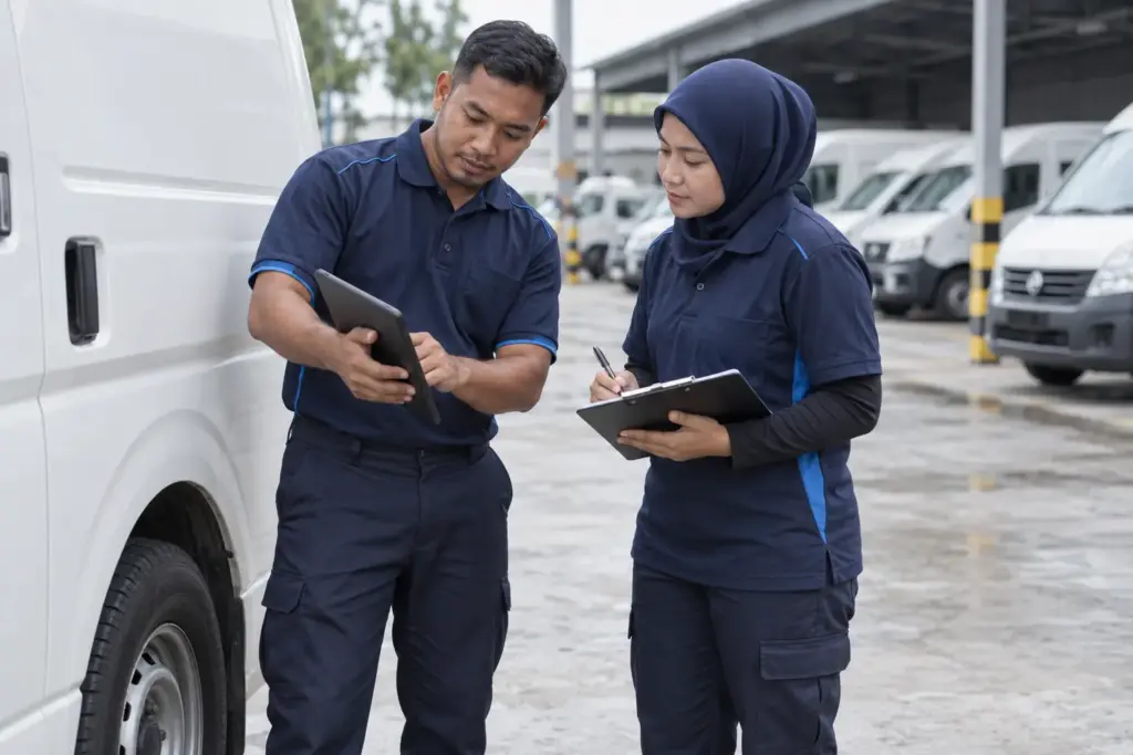 Fleet driver discussing a vehicle defect with a supervisor at a depot