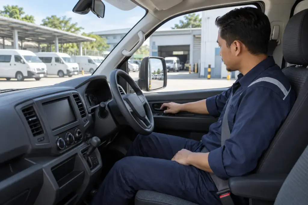 Fleet driver adjusting a mirror during a parked vehicle cabin check