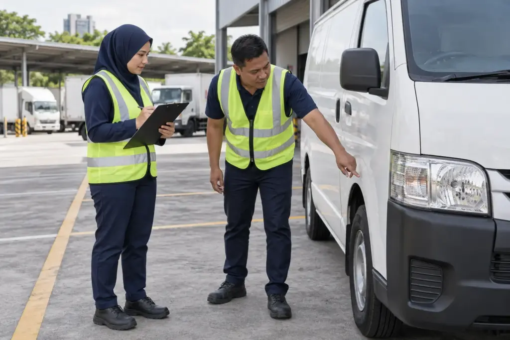 Fleet supervisor and driver reviewing a parked vehicle during a safety walkaround
