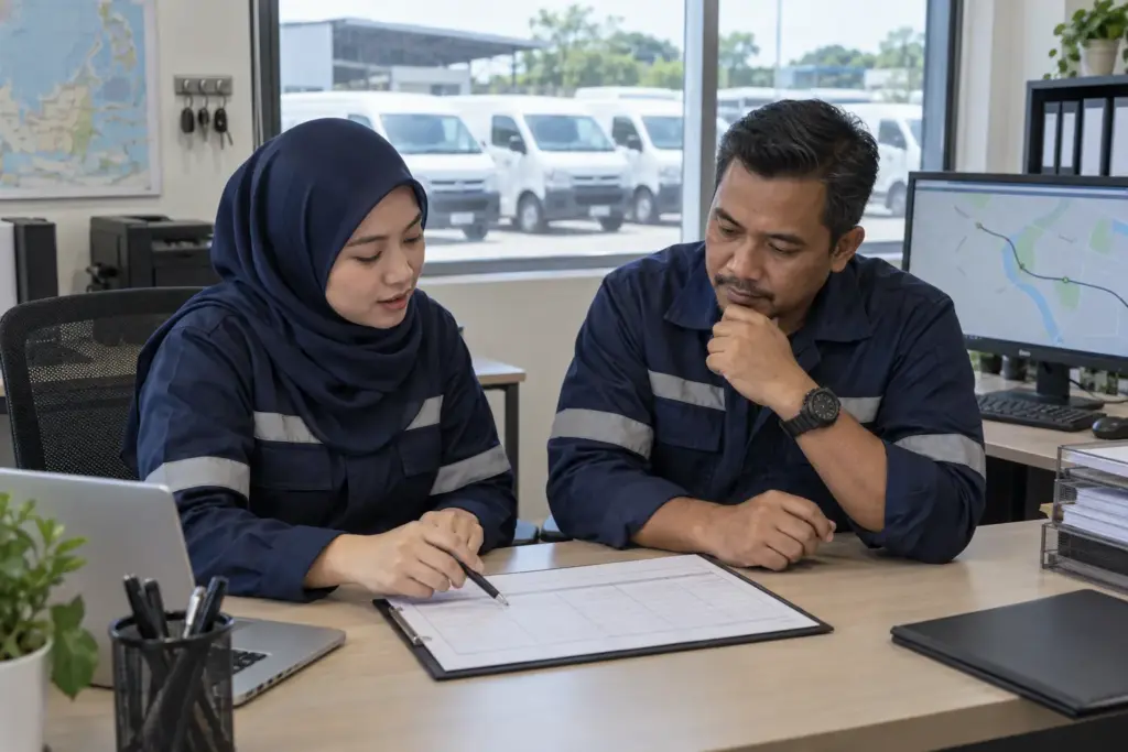 Operations and maintenance staff reviewing fleet risk assessment actions
