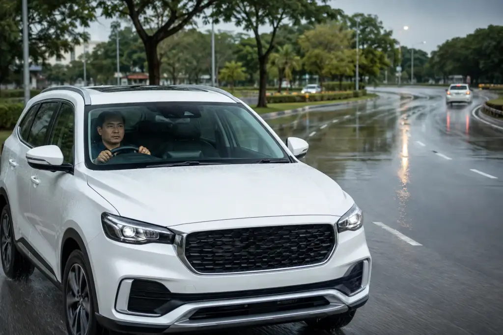 Fleet driver responding early to wet-road hazards with clear space ahead in Malaysia