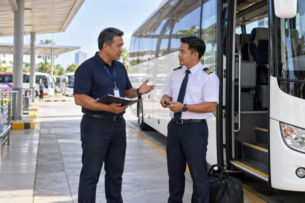 Driver Fatigue Risks: A Guide for Truck and Bus Fleets 2 Bus supervisor and commercial coach driver discussing a relief handover in a parked terminal bay