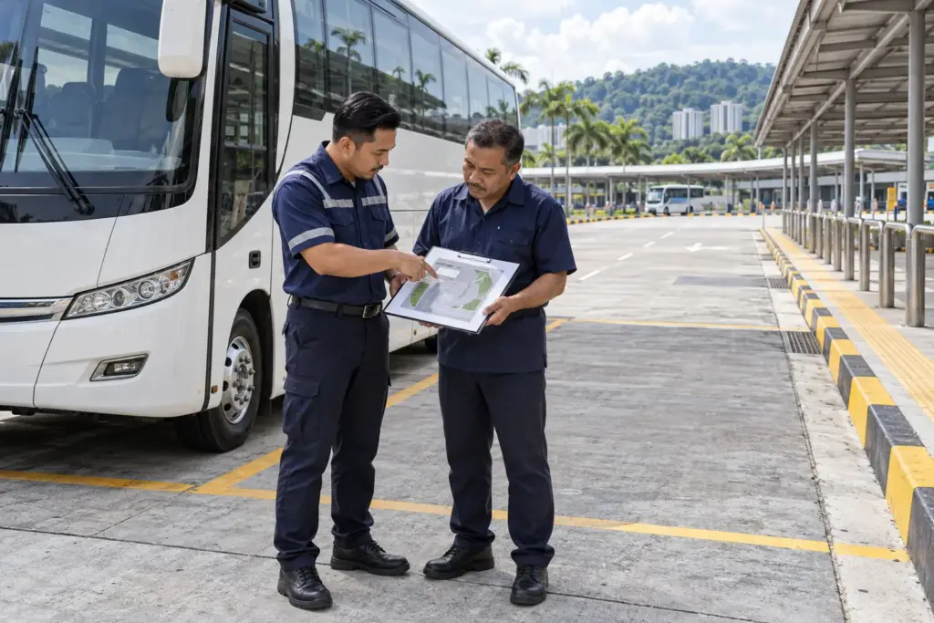 Coach driver and instructor reviewing site access beside a parked bus