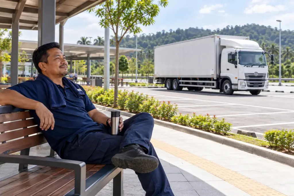 Driver Fatigue Risks: A Guide for Truck and Bus Fleets 1 Commercial truck driver resting in a designated area beside safely parked fleet vehicles