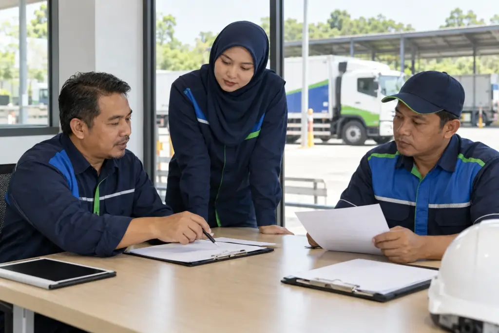 Trainer, manager and driver discussing practical assessment and follow-up