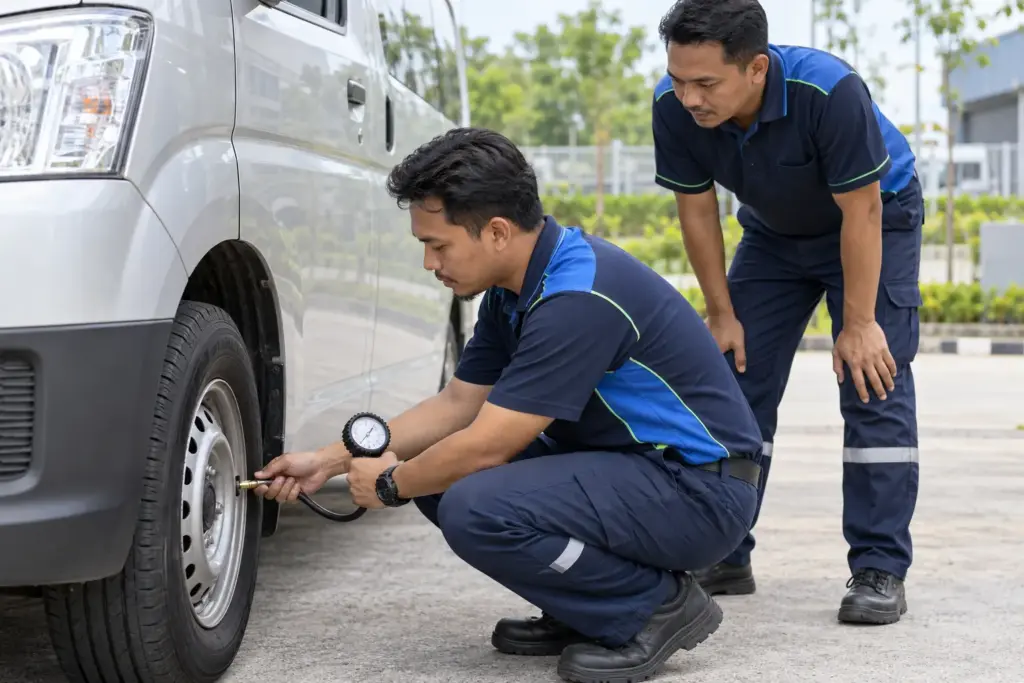 Driver practising a parked van tyre check under trainer supervision