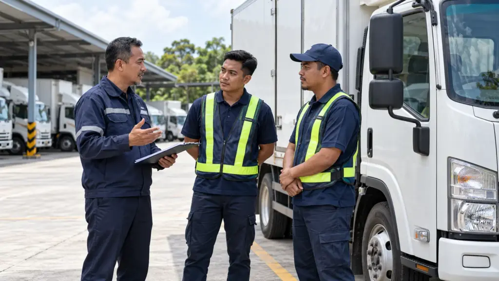 Driver and coach reviewing mirror checks inside a stationary fleet truck