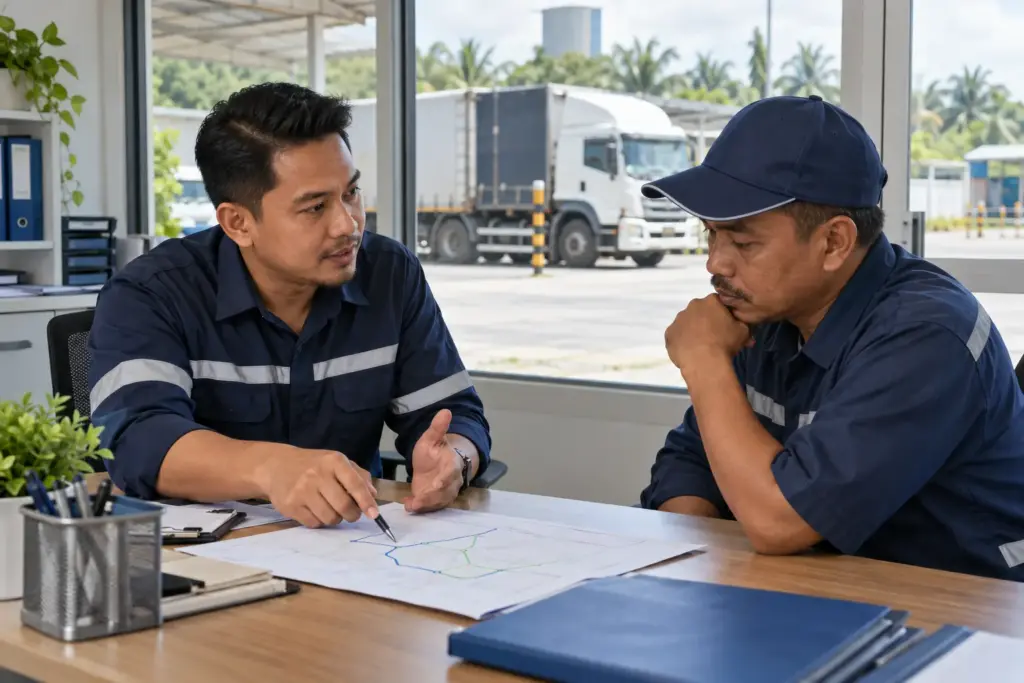 Malaysian fleet supervisor and driver discussing a route-specific coaching action