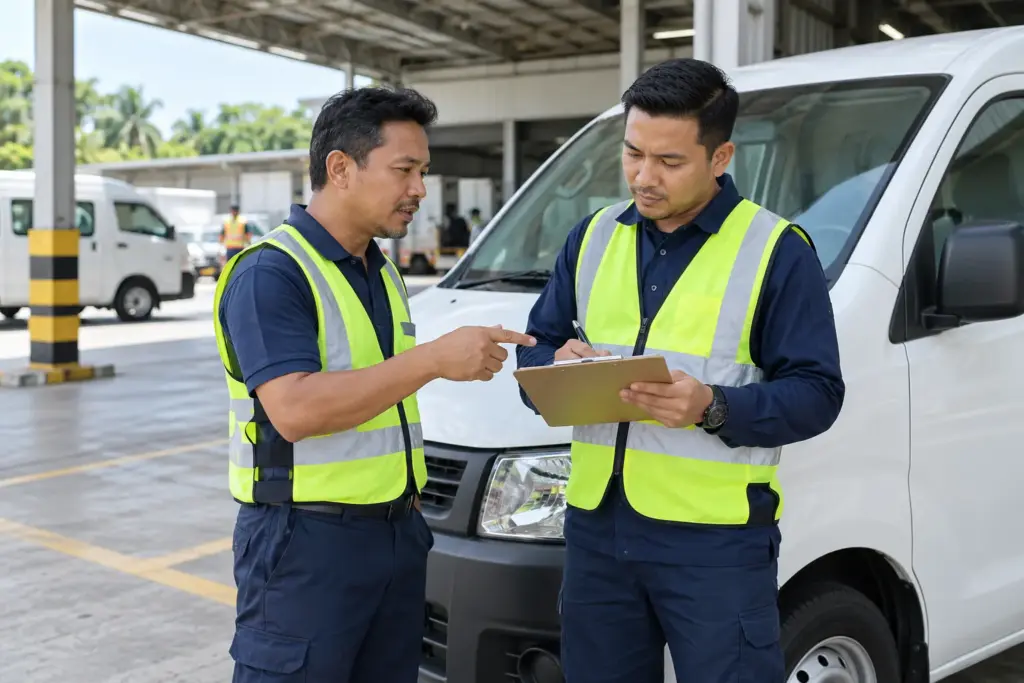 Driver reporting a vehicle concern to a fleet supervisor beside a parked van