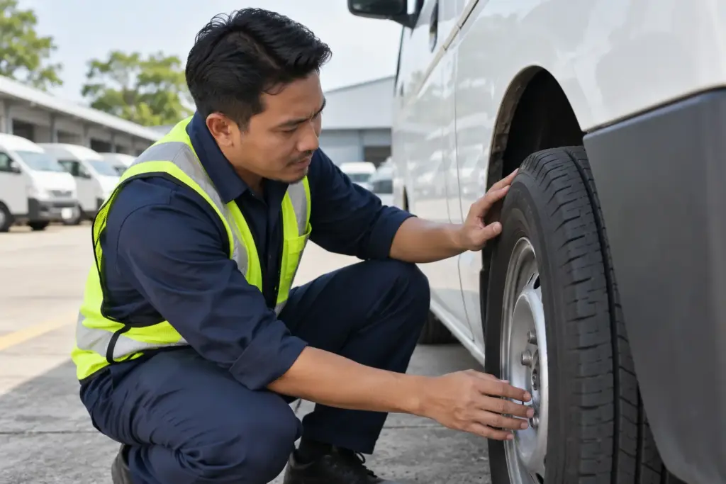 Fleet driver visually checking a parked van tyre tread and sidewall