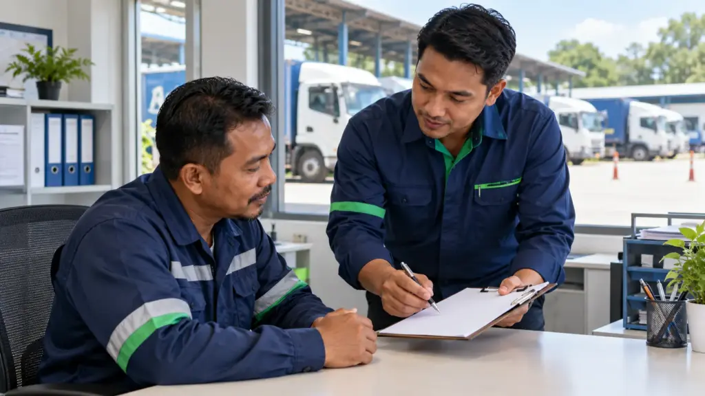 Fleet supervisor and driver agreeing a training follow-up action in a depot office