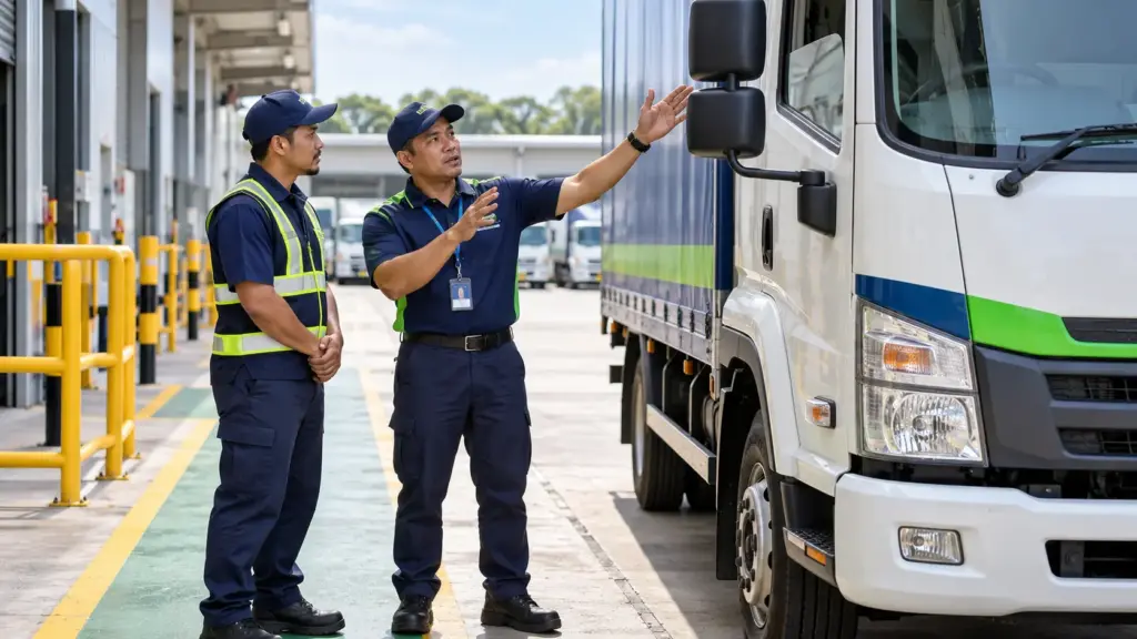 Trainer and driver reviewing a stationary truck's mirrors and vehicle dimensions