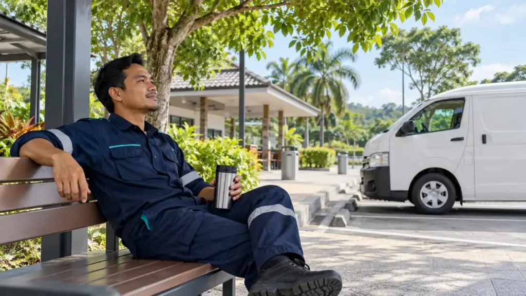 Company driver resting at a designated Malaysian stop beside a parked fleet van