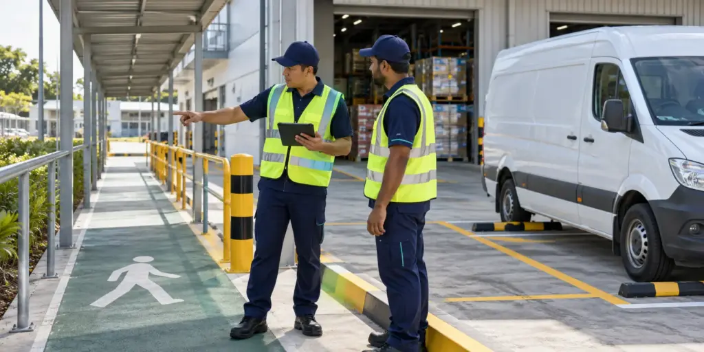 Fleet supervisor and driver reviewing a customer loading bay from a protected walkway