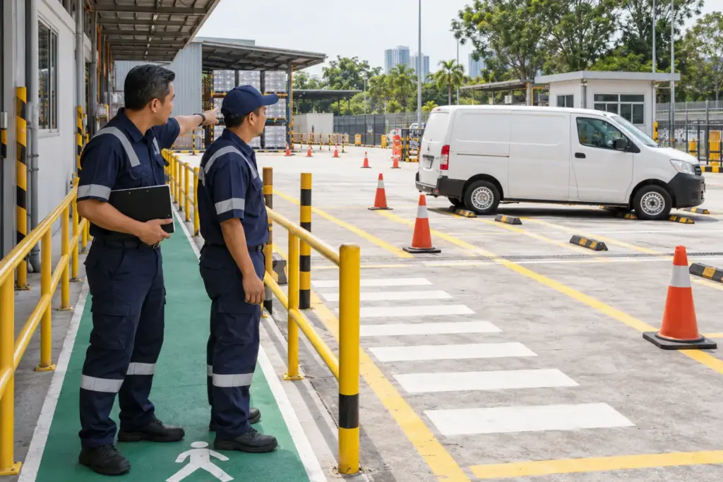 Fleet Risk Assessments: Preventing Road Incidents 1 Fleet supervisor and driver reviewing pedestrian separation beside a parked delivery van