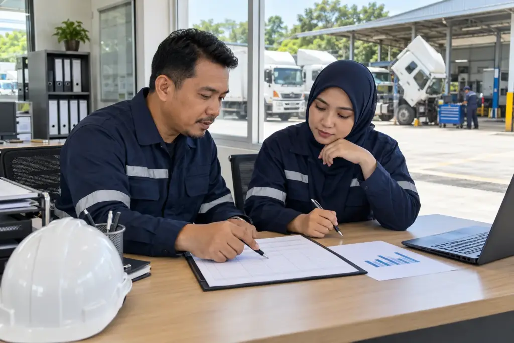 Fleet Risk Assessments: Preventing Road Incidents 2 Operations and maintenance staff reviewing fleet risk control actions at a depot desk