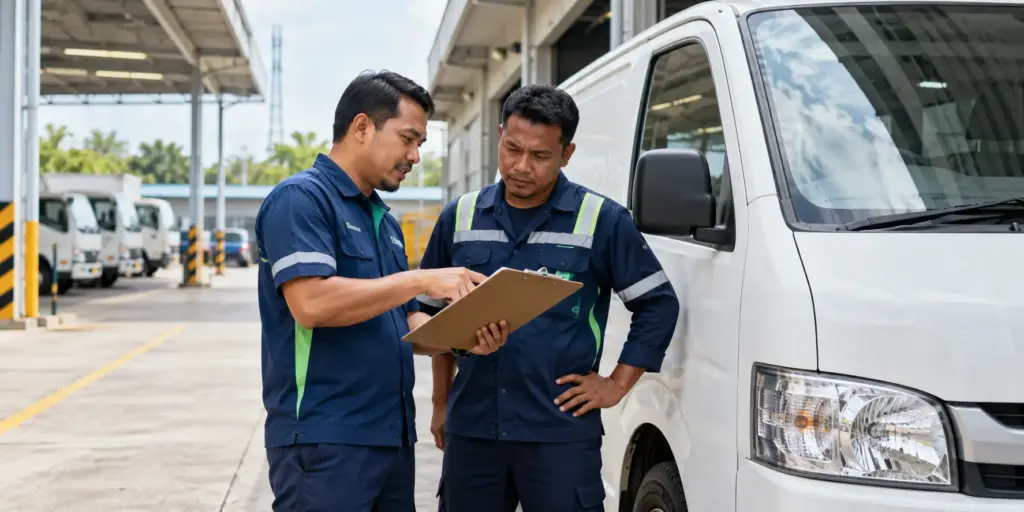 Driver and maintenance coordinator reviewing a vehicle concern at a Malaysian depot